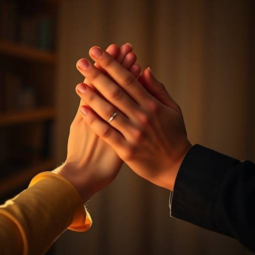 Hands clasped together, symbolizing support and connection.